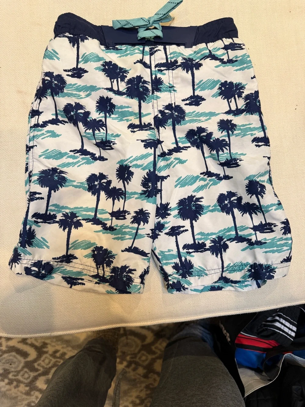 Cat & Jack White Swim Trunks with Teal and Navy Palm Print